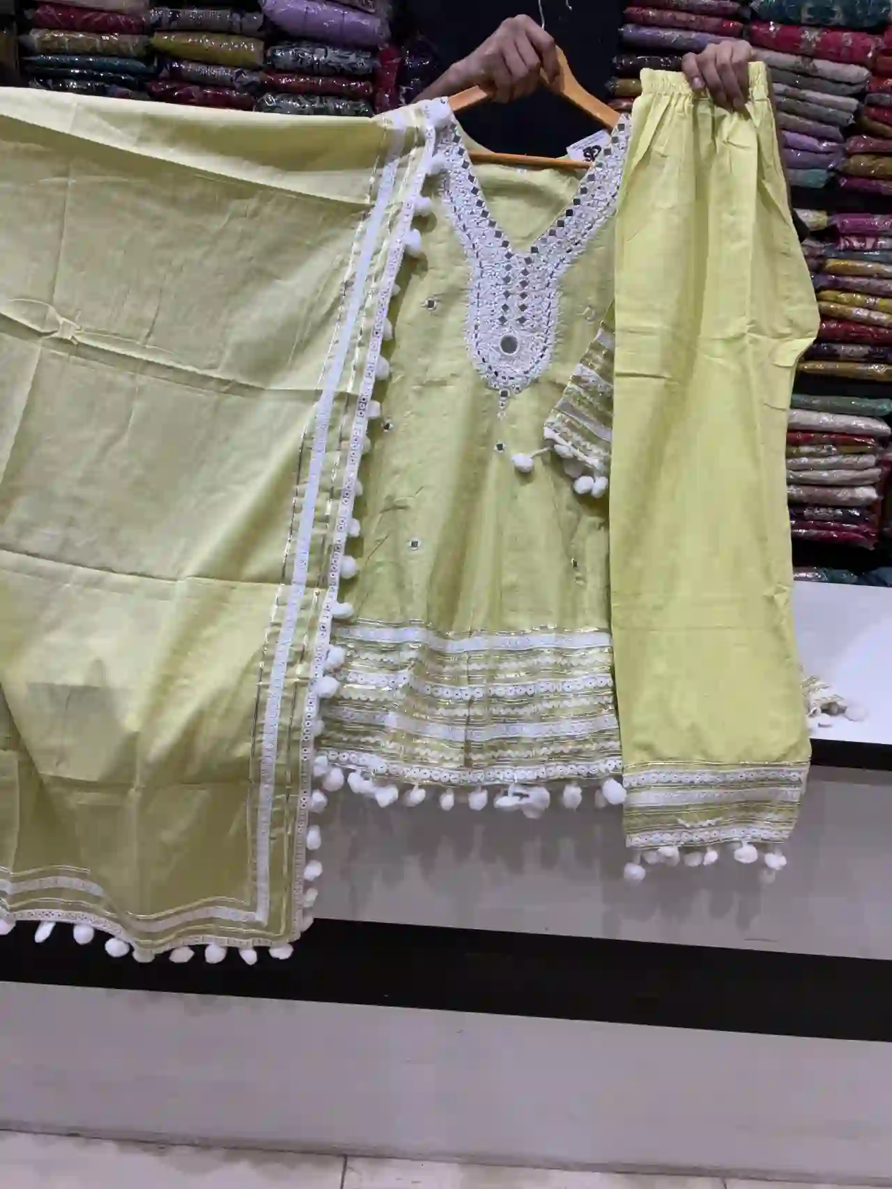 V-Neck with heavy faux-mirror and Matching Dupatta