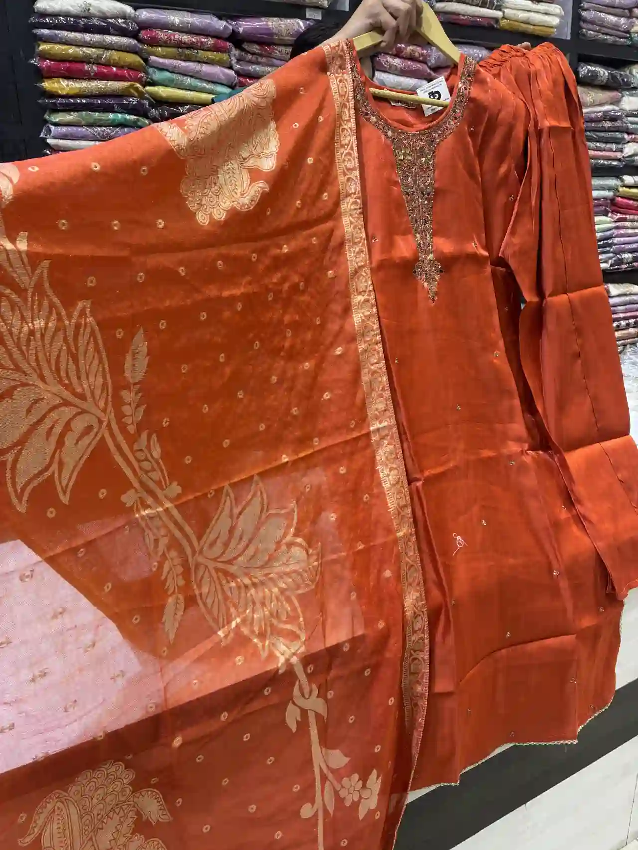 Vibrant Rust Straight Suit with Organza Dupatta