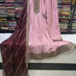 Vintage Rose Silk Kurta Set with Heavily Bordered Maroon Stole (1)