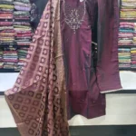 Wine Purple Hand-Embroidered Kurta Set with Jacquard Stole (1)
