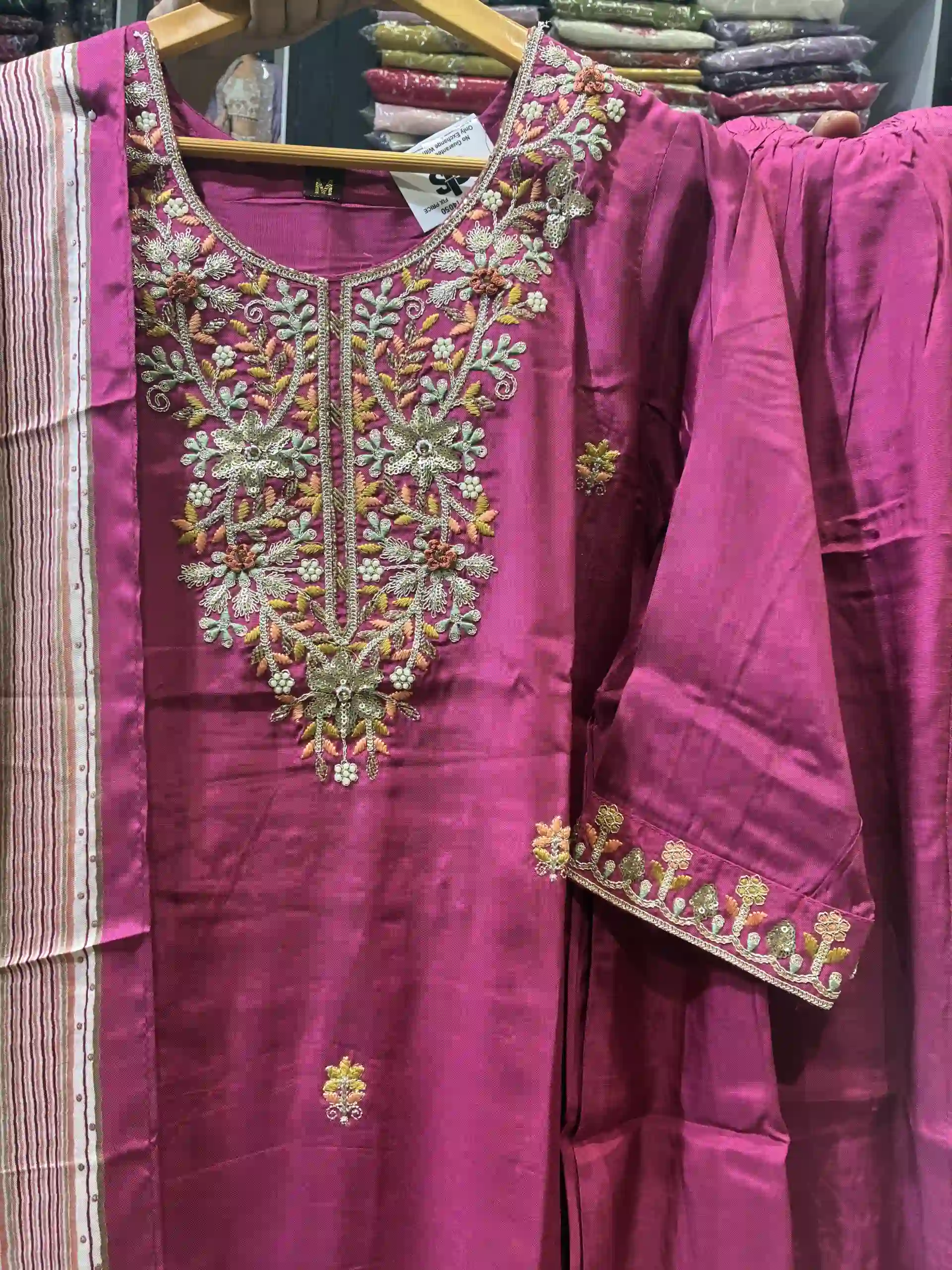 Women's Magenta Silk Blend Embroidered Kurta Set-3
