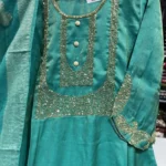 Women’s Teal Blue Suit with Embroidered Neckline-2