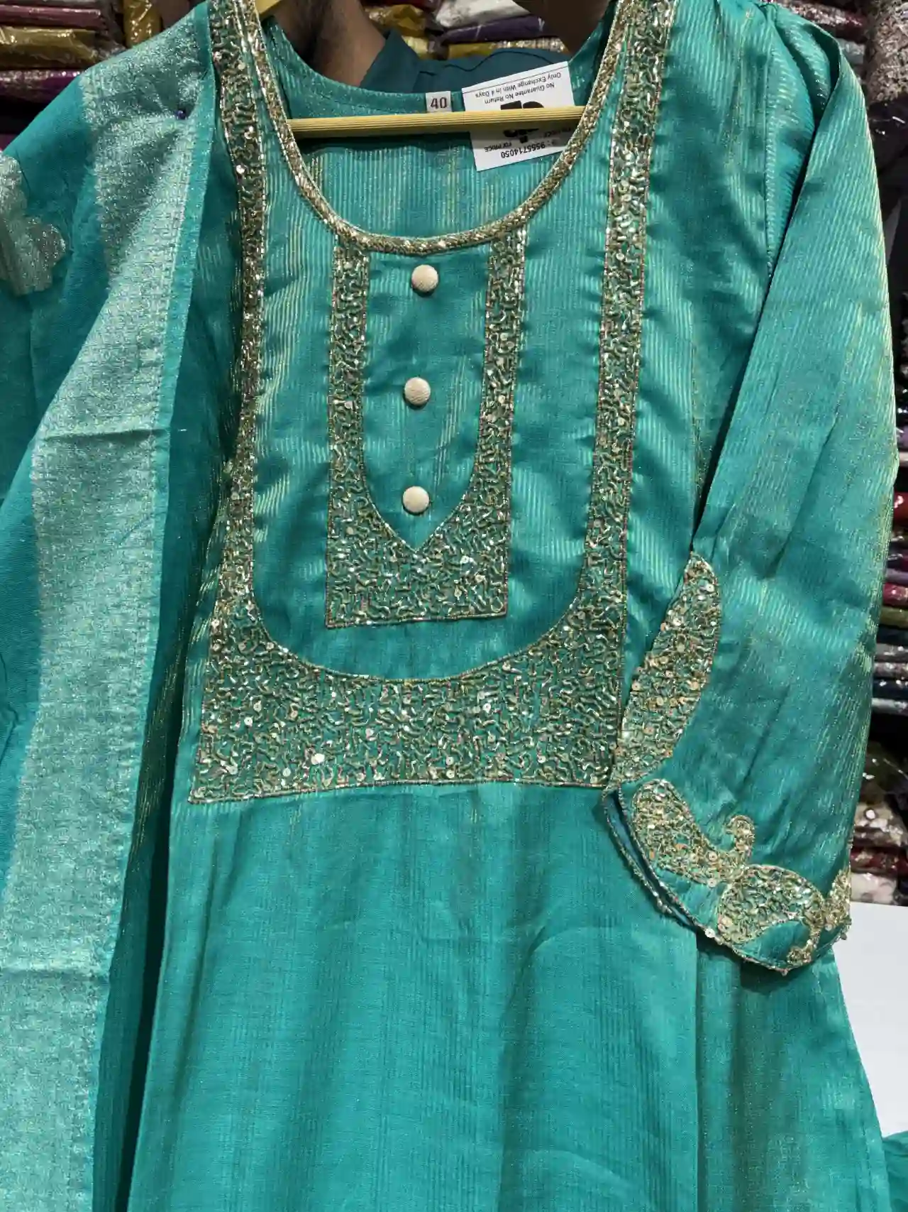 Women’s Teal Blue Suit with Embroidered Neckline-2