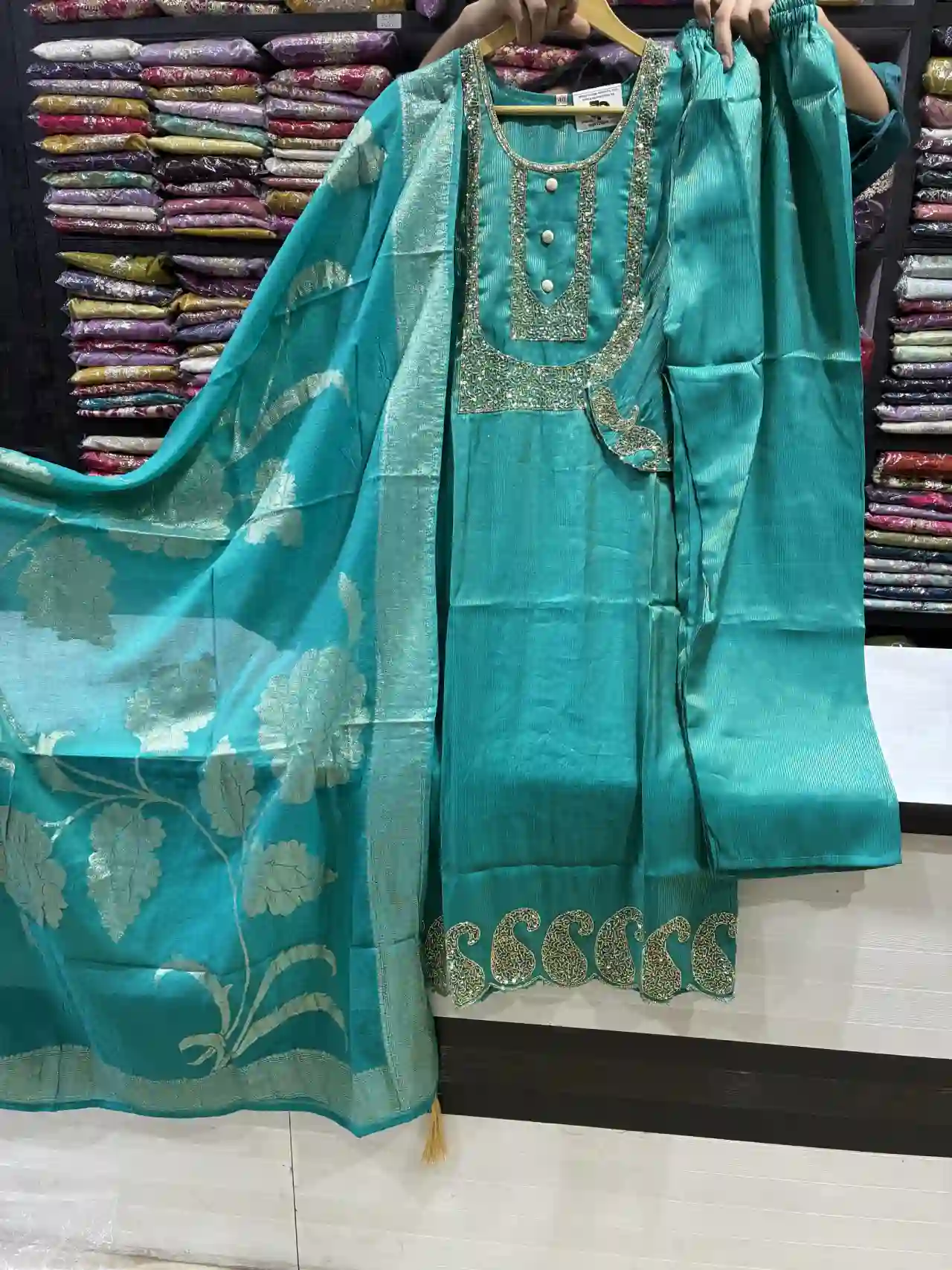 Women’s Teal Blue Suit with Embroidered Neckline-2