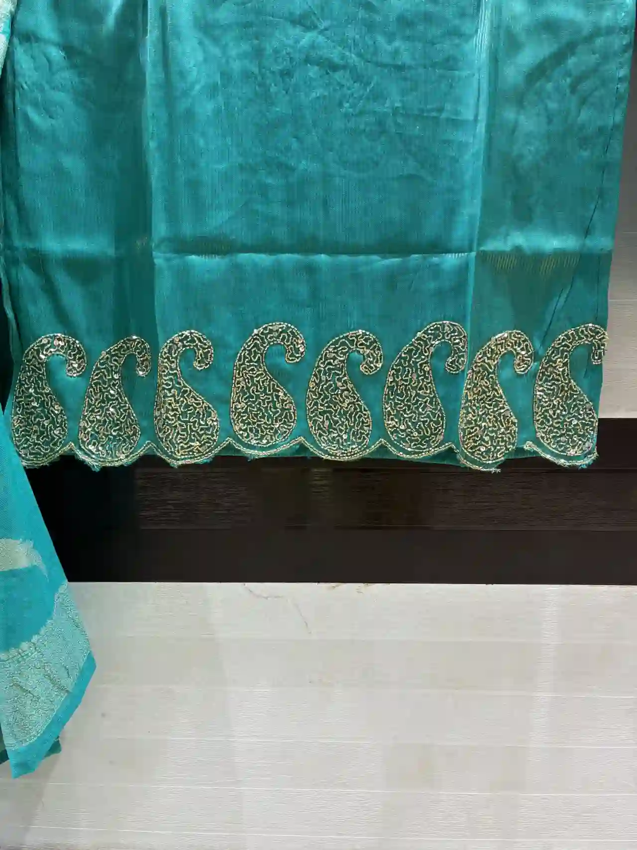 Women’s Teal Blue Suit with Embroidered Neckline-2