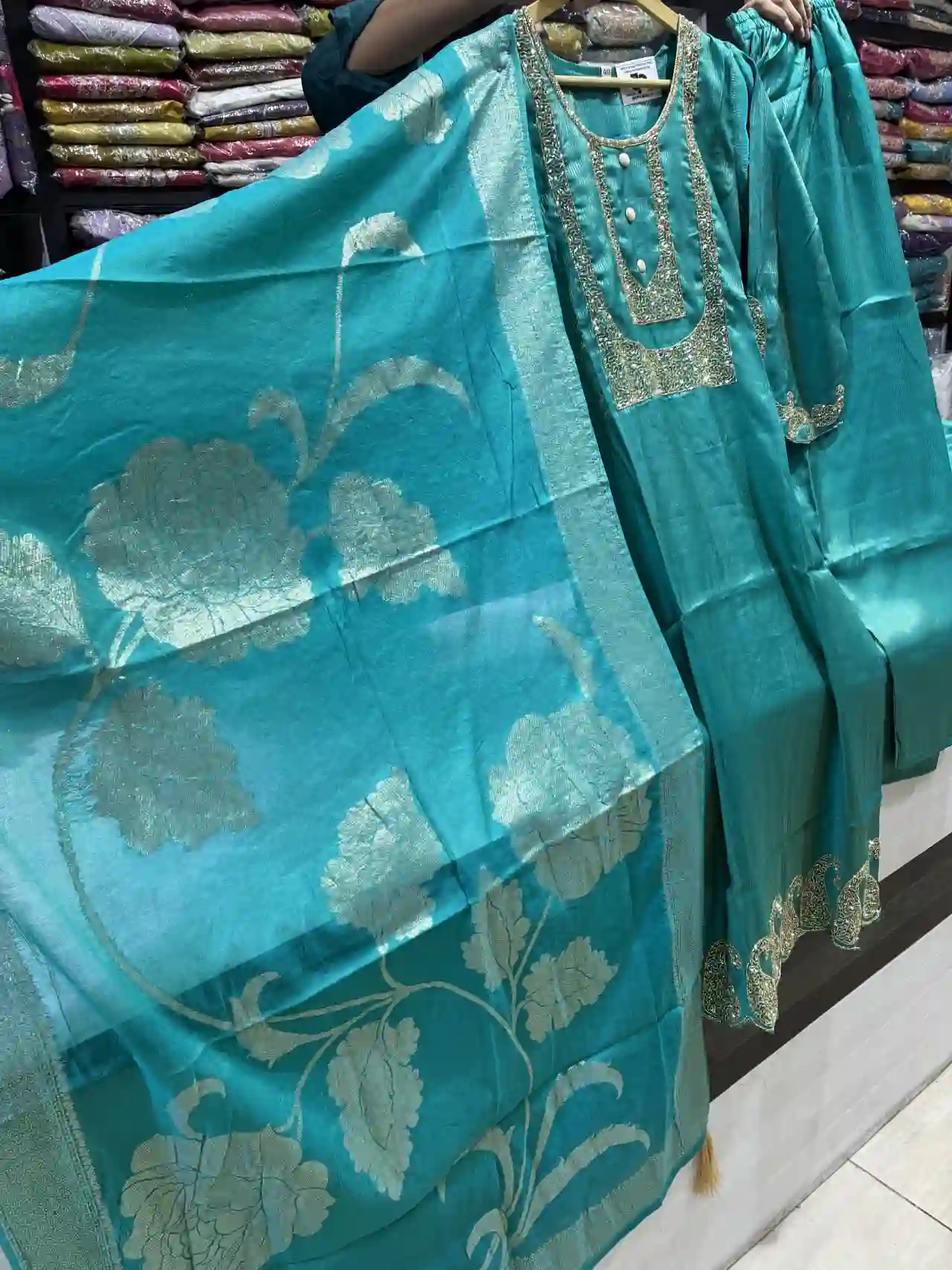 Women’s Teal Blue Suit with Embroidered Neckline-2