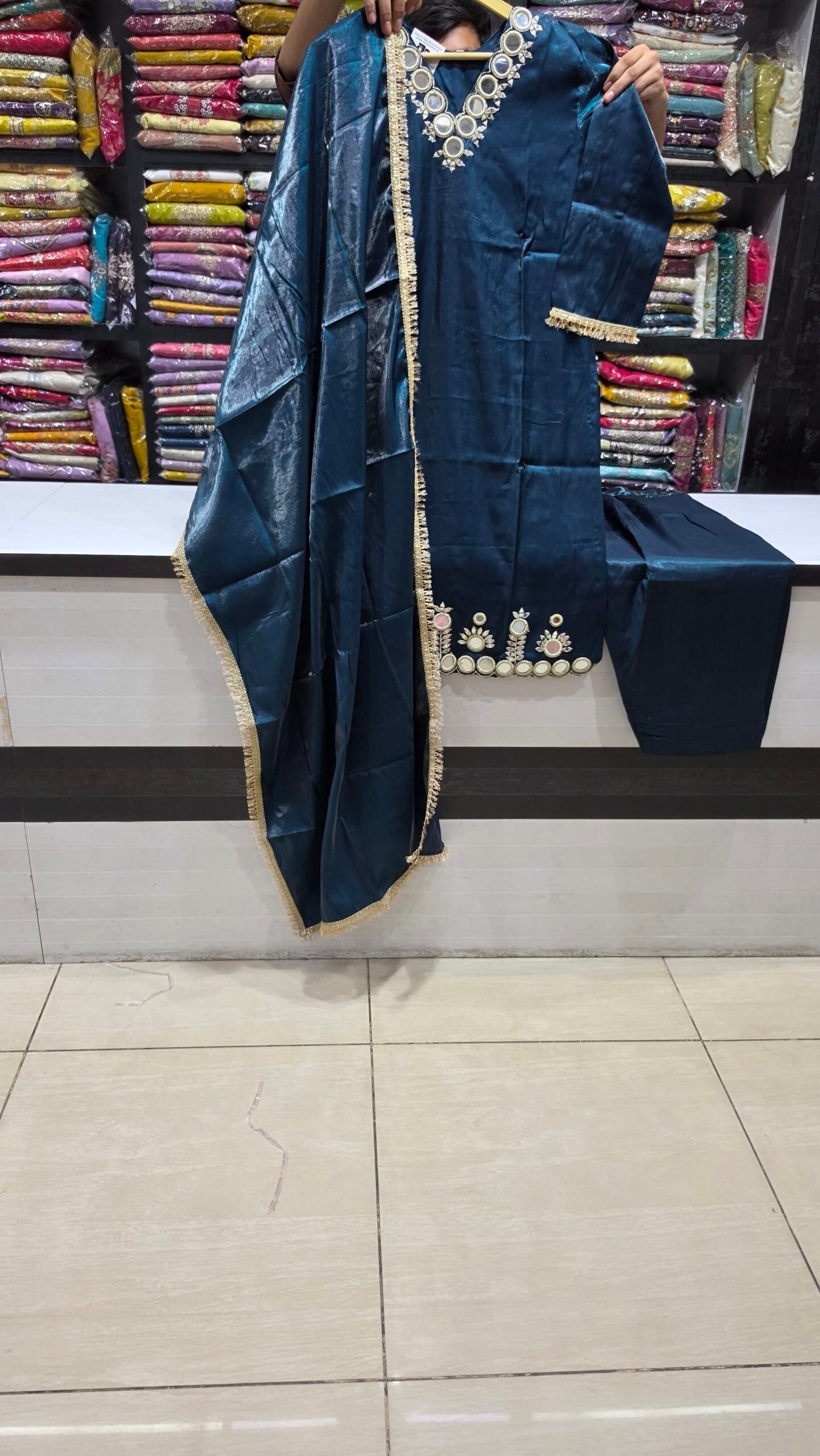 Teal Mirror-Work Straight Suit