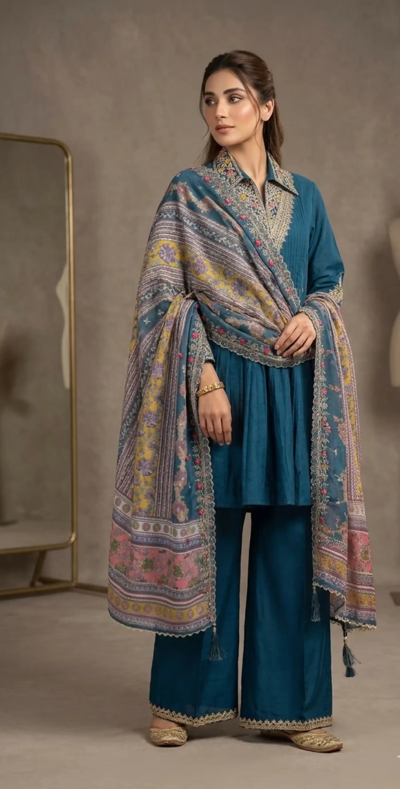 Indigo Bloom Regency Set & Printed Dupatta