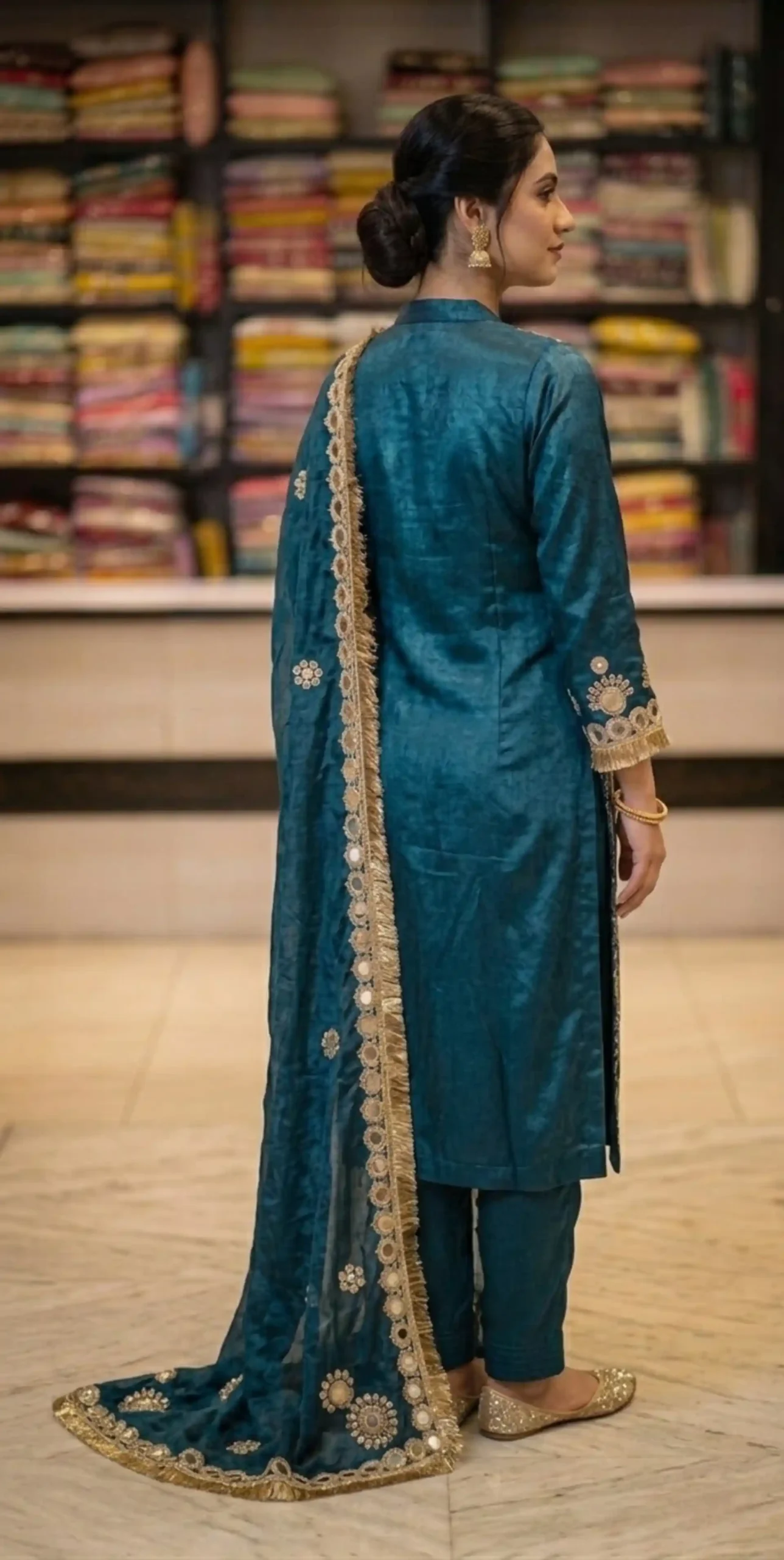 Teal Mirror-Work Straight Suit