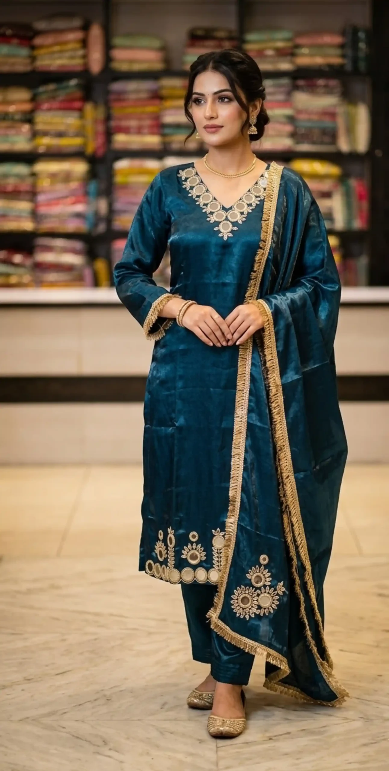 Teal Mirror-Work Straight Suit