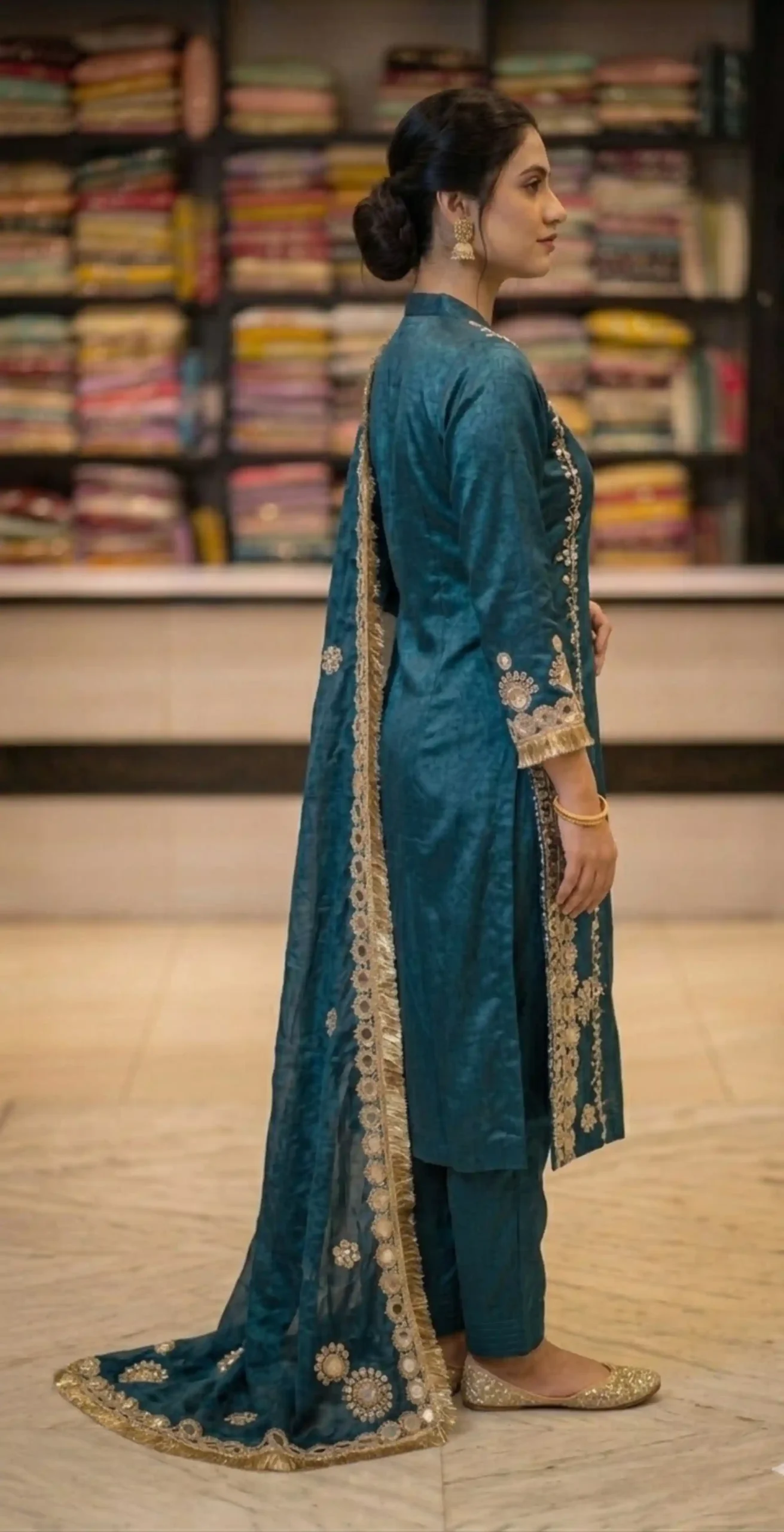 Teal Mirror-Work Straight Suit