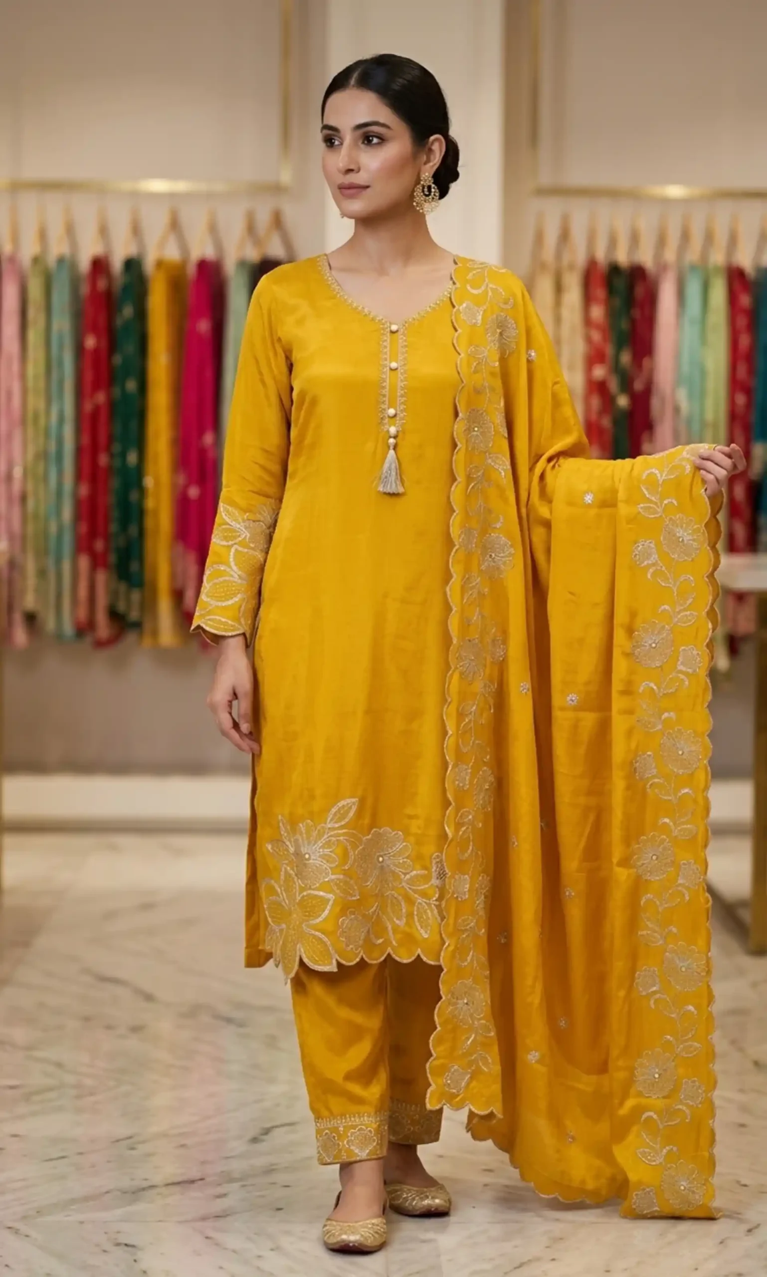 Yellow Scalloped Kurta Set